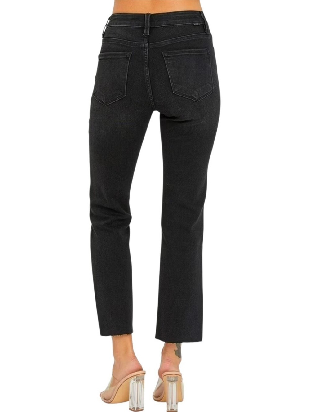 Risen Jeans Mid-Rise Straight Crop Raw Edge Jeans Black Stretch Denim 29 9 - Picture 5 of 10